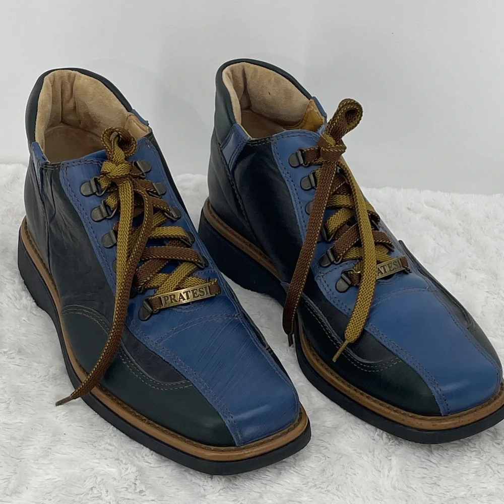 PRATESI MENS SIZE 42 Blue and Black Oxfords with Brown Laces